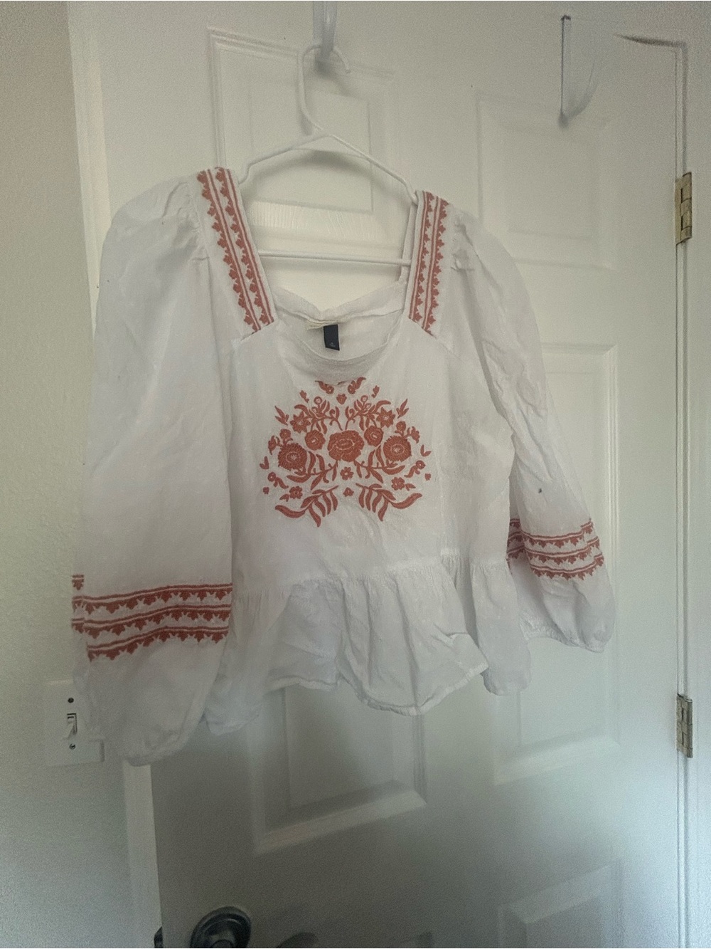 Universal Thread White Peasant Blouse with Rust Embroidery